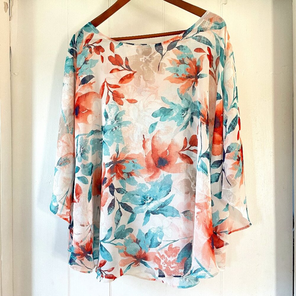 Chicos Top Womens L/XL Teal Coral Floral Batwing kimono Sleeve Boat Neck Trendy